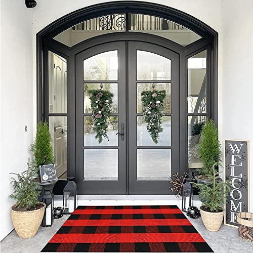 SEEKSEE Cotton Buffalo Plaid Rug 2'x3' Black and White Checked Rug Washable Doormats Indoor Outdoor Rugs for Layered Front Door Mats, Porch, Kitchen, Farmhouse, Entryway