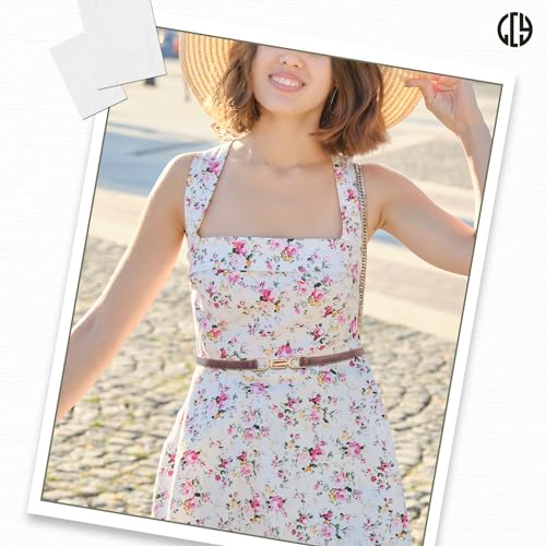 LCG LUCHENGYI 2 Pack Women Leather Skinny Belt Adjustable Thin Waist Belt Ladies Fashion Belts Golden Buckles for Dresses
