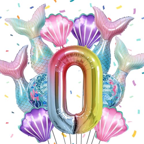 Cadeya Mermaid Number 0 Birthday Balloons, 40”Gradient Colorful Aluminum Foil Balloons for Girl Birthday Party, Baby Shower, Rainbow Party, Little Mermaid Party Decorations Supplies