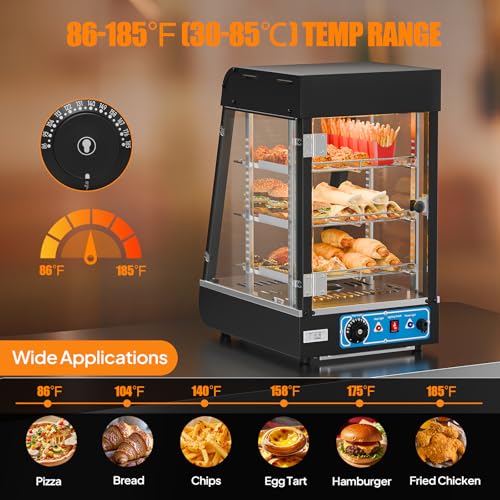 ROVSUN 15" Commercial Food Warmer Display Pizza Warmer, 3-Tier Electric Countertop Food Warmer w/LED Lighting Adjustable Removable Shelves Glass Door, Pastry Display Case for Buffet Restaurant, 1000W