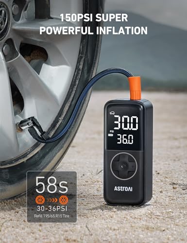 AstroAI L4 Tire Inflator Portable Air Compressor, 150PSI Portable Air Pump for Car Tires with Pressure Gauge LED Light, Electric Air Pump Quick Inflation for Cars, Motorcycles, Bikes, Tires, Balls