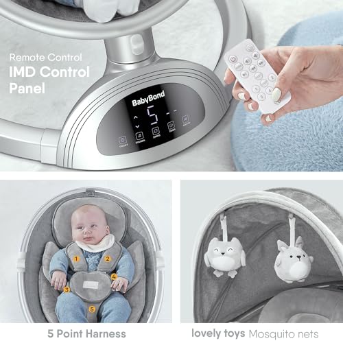 BabyBond Baby Swings for Infants, Bluetooth Infant Swing with Music Speaker, 3 Seat Positions, 5 Point Harness Belt, 5 Speeds and Remote Control - Portable Baby Swing for Indoor and Outdoor (Black)