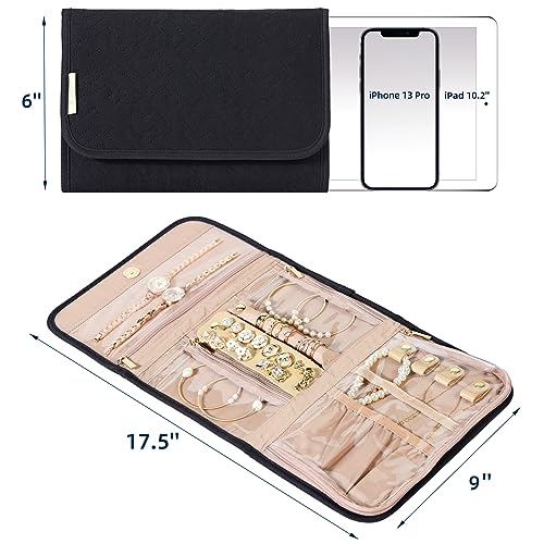 NISHEL Travel Jewelry Organizer Roll, Transparent Foldable Case for Necklaces, Earrings, Rings, Bracelets, Watch, Pink