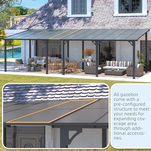AECOJOY 20' x 12' Gazebo in White, Large Wall Mounted Gazebos on Clearance, Outdoor Patio Lean to Gazebo Metal Awnings for Decks,Patio, Porch, Backyard and More