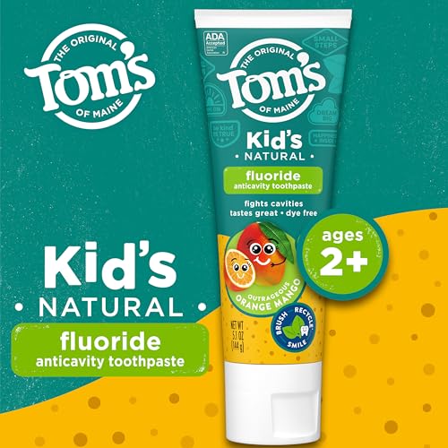 Tom's of Maine ADA Approved Fluoride Children's Toothpaste, Natural Toothpaste, Dye Free, No Artificial Preservatives, Outrageous Orange Mango, 5.1 oz. 3-Pack (Packaging May Vary)