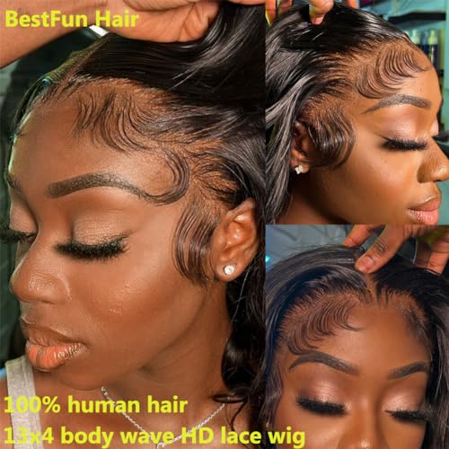 BestFun Body Wave Lace Front Wigs Human Hair Pre Plucked 200 Density Glueless HD Lace Frontal Wigs Human Hair 13X4 Body Wave Wig for Women Natural Hairline