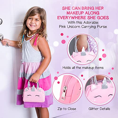 Pretend Play Makeup Kit for Little Girls with Unicorn Purse: Fake (Not Real) Make up Toy Set for Toddlers and Kids - includes Hair and Nails Accessories, Baby Girl Toys Princess Toddler Gift Set