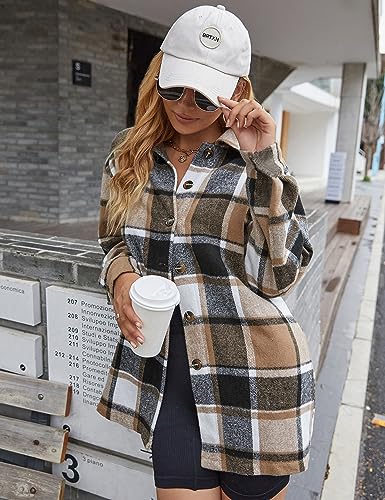Yeokou Womens Fall Flannel Plaid Shacket Jacket Wool Blend Button Down Shirt Coat Tops(#2 Yellow-M)