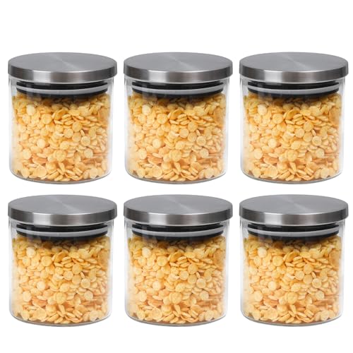 ComSaf Glass Food Storage Containers with Stainless Lids, Clear Glass Jar with Lid set of 6, Small Glass Containers with Lids, 20 OZ Glass Storage Jars for Spice, Sugar, Tea, Kitchen Canister Set