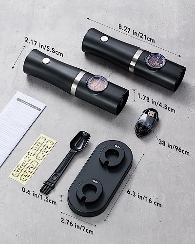 FORLIM Rechargeable Electric Salt and Pepper Grinder Set with Charging Base, Automatic Pepper Mill, Adjustable Coarseness, White LED Light, USB Type-C Cable, One Hand Operation, 2 Mills