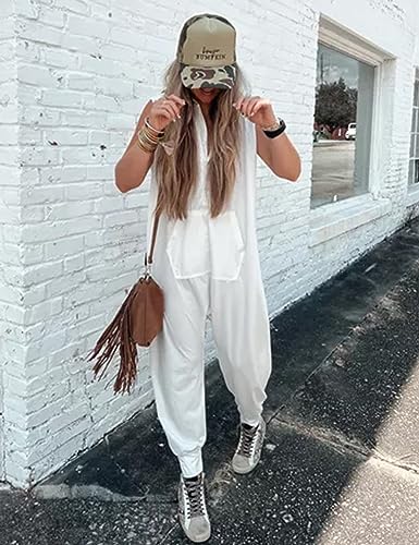 Tanming Hooded Jumpsuits for Women Casual Sleeveless Long Harem Pants Romper with Pockets (Beige-S)