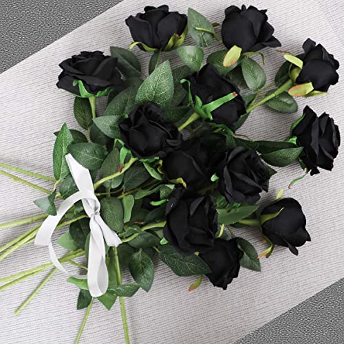 Hawesome 12PCS Artificial Silk Flowers Realistic Roses Bouquet Long Stem for Home Wedding Decoration Party (Black)