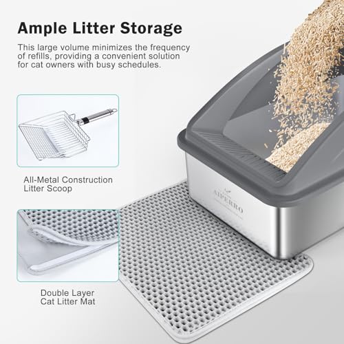 Enclosed Stainless Steel Cat Litter Box with Lid, XL Extra Large Litter Box for Big Cats with Cat Mat and All-Metal Litter Scoop (Beige, X-Large)