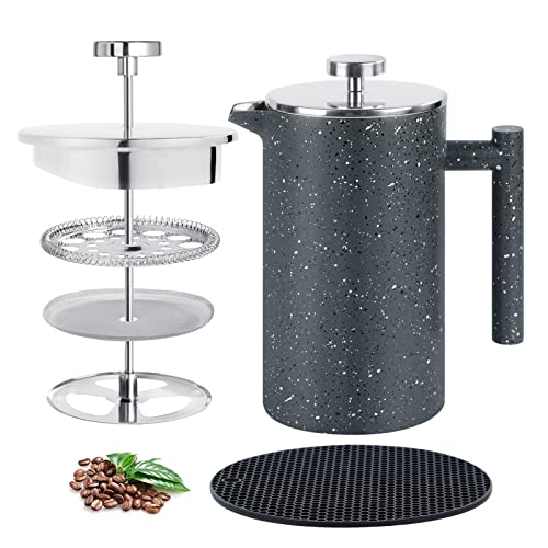 BAZZEFF French Press Coffee Maker 34oz with Double-Insulated Stainless Steel Large Metal Coffee Press with 3 Layer Filtration System for Ultimate Coffee Tea Brewing in Travel Camping or Home