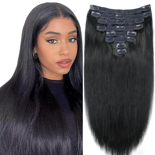Lysilf Clip in Hair Extensions for Black Women Brazilian Virgin Human Hair Extension Straight 8Pcs Remy Hair Extensions Clip in Human Hair with 18Clips Double Lace Weft 120Gram (12Inch, #1B)