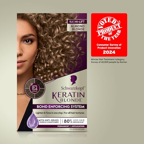 Schwarzkopf Keratin Blonde Hair Dye Almond Blonde 11.1, Hi-Lift Permanent Color, 1 Application - Hair Color Enriched with Keratin, Lightens up to 4 Levels and Protects Hair from Breakage