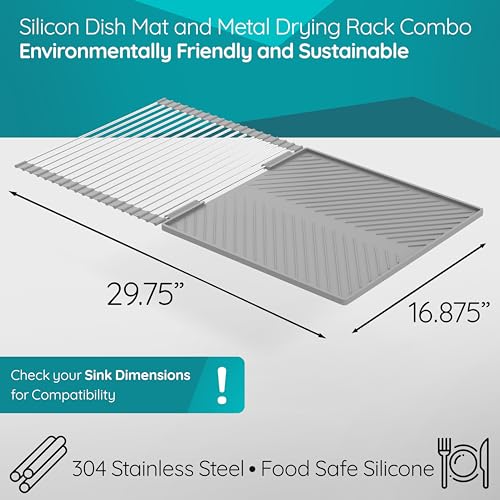 HIGHERHUMAN Silicone Dish Drying Mat and Dish Drain Rack System All in One Counter and Sink Rack (Medium Grey)