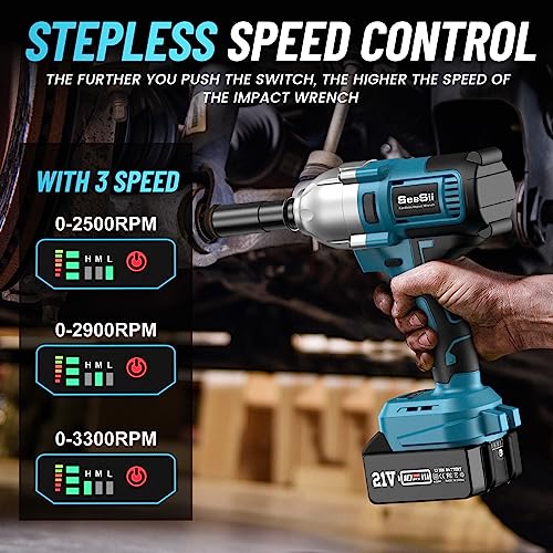 Seesii Cordless Impact Wrench, 900N.m(665ft-lbs) Power Impact Gun 1/2 Inch, 4.0Ah Battery, 3300RPM Impact Wrench, 6 Sockets, Electric Impact Driver for Home Car Truck Mower Father Dad Husband