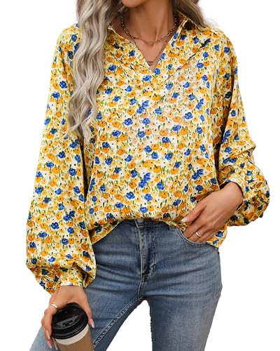 BTFBM Women's Spring Summer Blouse Tops 2024 V Neck Lantern Long Sleeve Floral Boho Loose Casual Blouses Vacation Shirt(Floral Pink Yellow, Large)