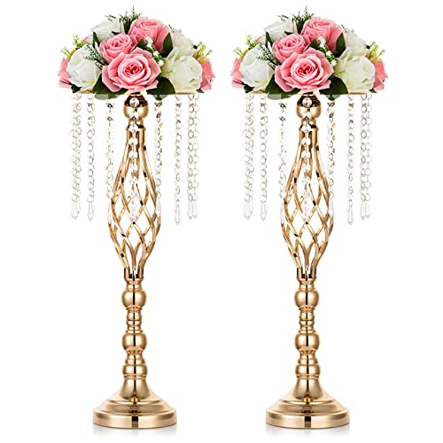 NUPTIO 2 Pcs Crystal Flower Stand Wedding Centerpieces for Tables, 21.7in/55cm Tall Elegant Metal Flower Arrangement Stand, Tabletop Metal Flower Vase for Wedding Party Dinner Event Hotel Home Decor
