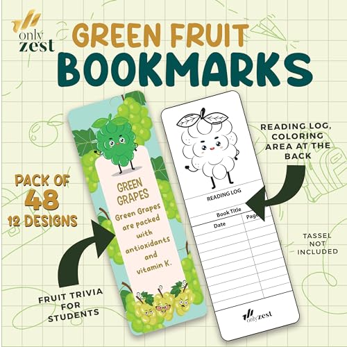 Only Zest Bookmarks for Kids Bulk - 48 Pack Fruit Bookmarks for Kids, Bulk Bookmarks, Cute Bookmarks, Book Marks for Kids, Paper Bookmarks Classroom Gifts (Green)