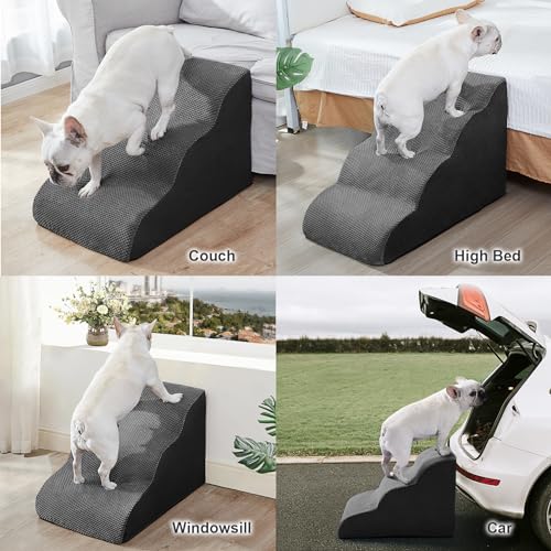 Dog Stairs Ramps for Small/Medium Dogs to Beds and Couch Up to 24'', 4-Step Dog Steps with Sturdy High-Density Foam, Pet Stairs with Non-Slip Bottom for Puppy and Cat, with Hair Remover Roller, White