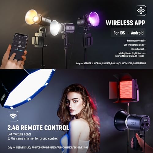 NEEWER MS60 LED Video Light with 2.4G/APP Control, 65W 5600K Daylight Mini COB Continuous Output Lighting, 40000lux/1m, CRI 97+/TLCI 98+, 9 Scenes, 0-100% PWM Dimming, Bowens Mount Adapter