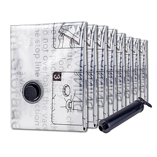 Vacuum Storage Bags 8 Small, Space Saver Bags with Travel Hand Pump, Compression Airtight Sealer Bags for Clothes, Bedding, Pillows, Comforters, Blankets