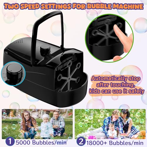 Bubble Machine,18000+ Big Bubbles/Min Automatic Bubble Blower for Kids with 2 Speeds,6 Wands,Operated by Plugin or Batteries Bubble Maker for Outdoor/Indoor Birthday Parties,Wedding (Black)