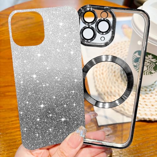 Hython for iPhone 12 Pro Case Clear Magnetic Glitter Phone Cases [Compatible with MagSafe] Full Camera Lens Protector Gradient Sparkle Luxury Plating Shockproof Protective Cover Women, Straight/Pink