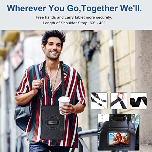 SUPFIVES Case for Samsung Galaxy Tab S7 FE/ S8 Plus 12.4 Inch: [Upgraded Military Grade] Full-Body Rugged Protective Soft Silicone Cover - Kick Stand- Handle/Shoulder Strap- S Pen Holder- Black