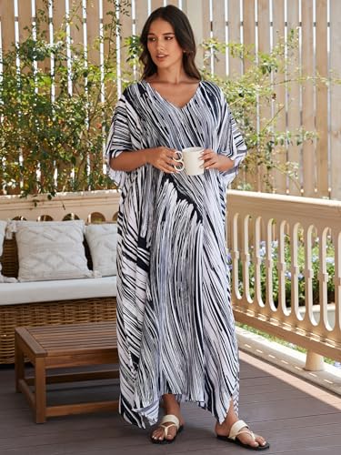 IMAGEKOPE Women's Plus Size Loose Fit Moroccan Print V-Neck Batwing Kaftan Beach Dress Bathing Suit Cover Up