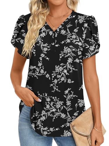 HOTGIFT Ladies 2024 Spring Casual Tunics Tops V Neck Ruffle Short Sleeve Shirt Loose Comfy Chiffon Blouse Polka Dots Red Medium