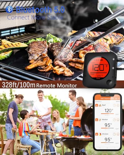 BFOUR Meat Thermometer Wireless Bluetooth, LCD Digital Meat Thermometer with Dual Probe, Wireless Remote BBQ Thermometer for Smoker Kitchen Cooking Grill Thermometer Timer for Grilling BBQ Oven