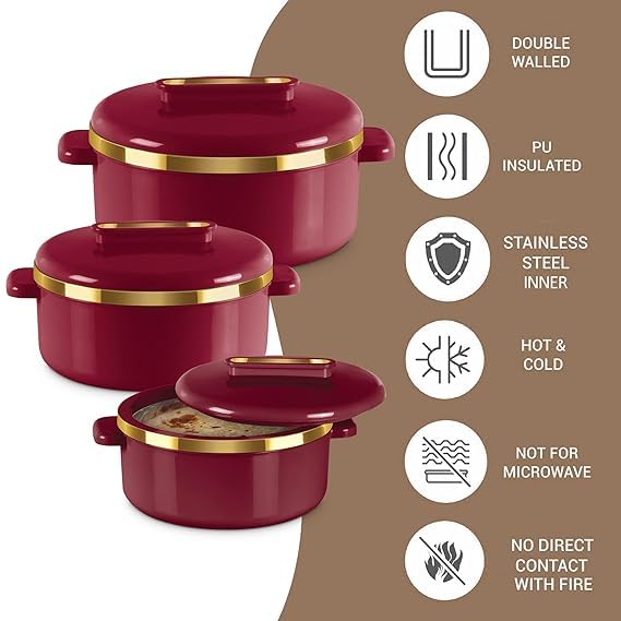 Casserole set Inner Stainless Steel Casserole Keeps hot & Fresh Chapati, Roti, Biryani Kitchen Item Stainless Steel Casserole Set of 3 (450 ml, 840 ml, 1300 ml), Maroon