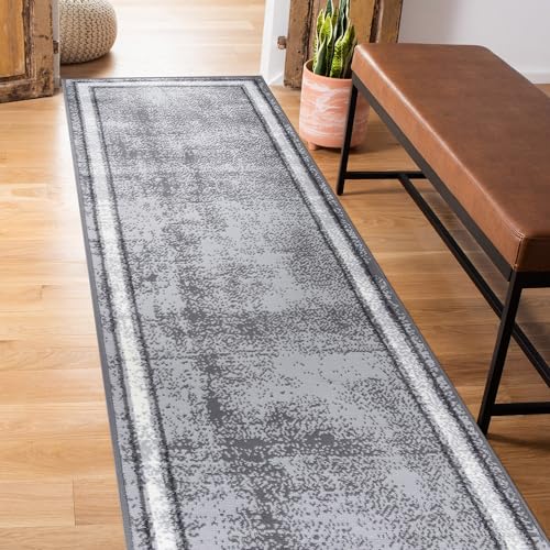 Rugshop Contemporary Distressed Bordered Soft Runner Rug 2'x7' Gray