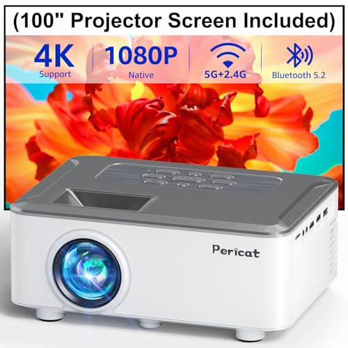 5G WIFI Bluetooth Projector with 100" Screen, 15000L Native 1080P Outdoor Projector, Pericat Home Theater Movie Projector,15W HIFI Speaker Video Projector Compatible with TV Stick/Phone/PC/Xbox