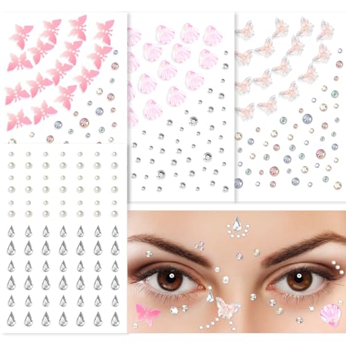 YARIEW Butterfly Face Gems and Pearls for Face Makeup, Self Adhesive Seashell Face Jewels for Women Hair Gems Glitter Rhinestone for Nails, Body, Mermaid Party Decorations, Gem Hair Accessories