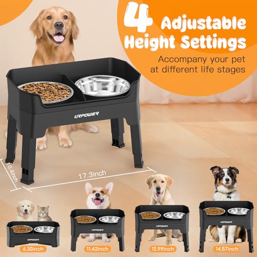 URPOWER 3-in-1 Elevated Dog Bowls Mess Proof Double Deck Raised Dog Bowls 4 Height Adjustable Dog Bowl Stand with 2 Stainless Steel Dog Food Bowls and Licking Plate for Small Medium Large Dogs & Pets