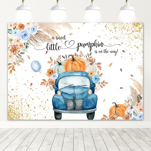 Avezano Blue Pumpkin Baby Shower Backdrop for Boy Boho Fall Baby Shower Decorations Little Pumpkin Truck Banner Thanksgiving Autumn Newborn Baby Shower Party Background(7x5ft)