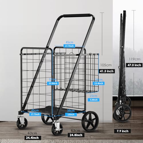 XING LANG Folding Shopping Cart with 360° Rolling Swivel Wheels & Brakes - 4.3ft³ Foldable Grocery Cart with Double Basket & Liner, 420lbs Portable Heavy Duty Utility Carts for Laundry Luggage Travel