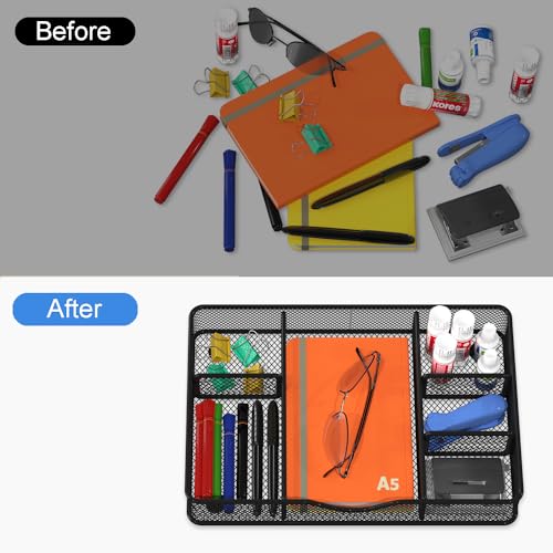 Drawer Organizer, Desk Drawer Organizer Tray with 6 Compartments - 14.5" L x 8.8" W x 1.9" H for Metal Mesh Drawer Organizers Desktop, Bathroom, Kitchen, Makeup, Vanity