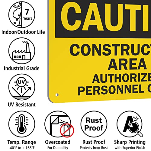 SmartSign-U9-1368-NA "Caution - Construction Area, Authorized Personnel Only" Sign | 7" x 10" Aluminum - Black on Yellow