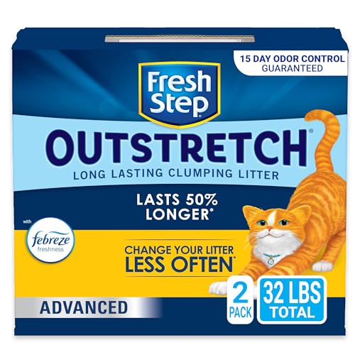 Fresh Step Outstretch Advanced Long Lasting Clumping Litter With Febreze Freshness and Guaranteed Odor Control, Activated Charcoal Litter Lasts 50% Longer, 32 lbs. (2 x 16 lb. Box)