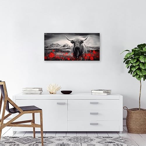 DOARTDO Highland Cow Canvas Wall Art Animal Painting Print Black and White Cattle and Red Flowers Picture Farmhouse Decor Frame (12.00" x 24.00", Highland Cow - 1)