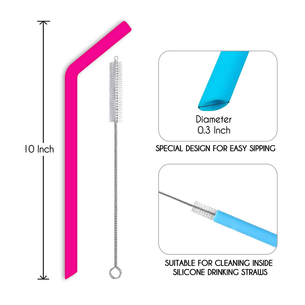 Hiware Reusable Silicone Straws, Long Flexible Silicone Drinking Straws with Cleaning Brushes for 30 oz Tumblers - 10 Pieces - BPA-Free - No Rubber Taste