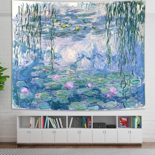 Avinyl Vintage Monet Waterlily Floral Tapestry, Art Tapestry for Bedroom, Blue and Pink Flower Wall Hanging, Abstract Garden Aesthetic Tapestry, 39x51 inches