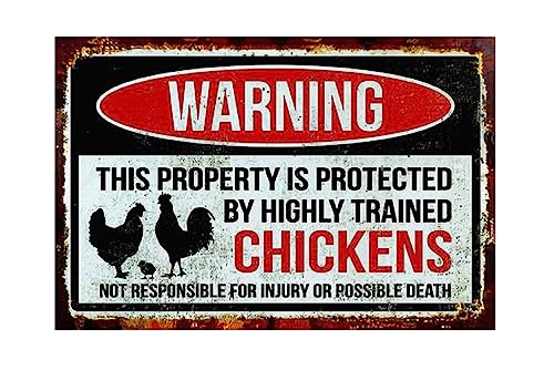 Funny Chicken Sign, Metal Chicken Coop Tin Signs, This property is protected by chickens, Yard Sign Garage Farm Garden Wall Decor Sign Plaque Outdoor for Home Fence 8 X 12 Inches