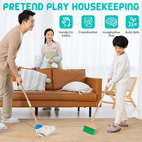HELLOWOOD Kids Cleaning Set, 8pcs Housekeeping Play Set Includes Broom Mop Duster Dustpan Brushes Rag and Organizing Stand, Cleaning Toys Gift for Toddlers Girls Boys Age 3-6, Solid Beech Wood