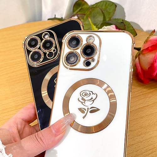 Bonoma for iPhone 14 Pro Max Magnetic Case Compatible with MagSafe, Luxury Plating Bling Rose Pattern Shockproof Case with Raised Full Camera Lens Protection for Women Girls -Black